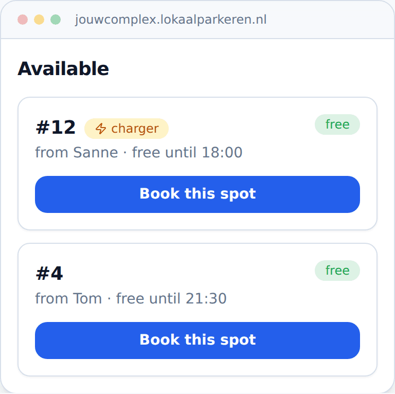 Screenshot of the resident screen in the LokaalParkeren app, showing available parking spots and a book button.