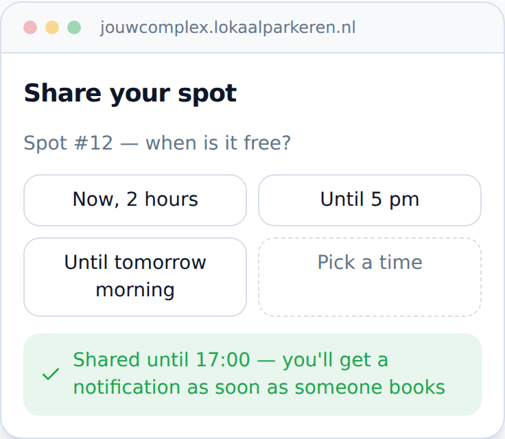 Screenshot of the sharing screen in the LokaalParkeren app, where an owner indicates with one tap when their parking spot is free.