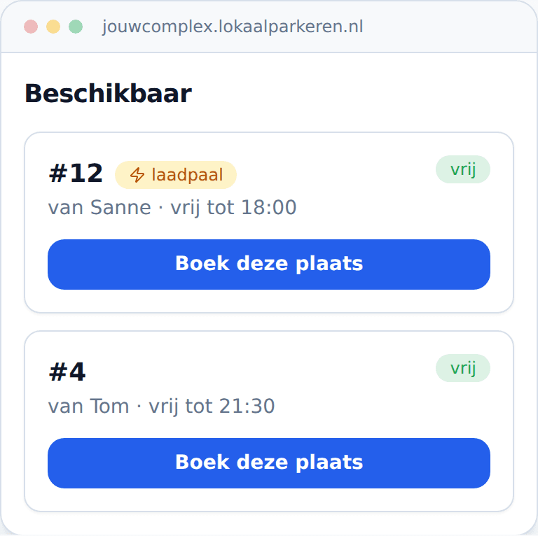 Schermafbeelding van het bewonersscherm in de LokaalParkeren-app, met beschikbare parkeerplekken en een boekknop.
