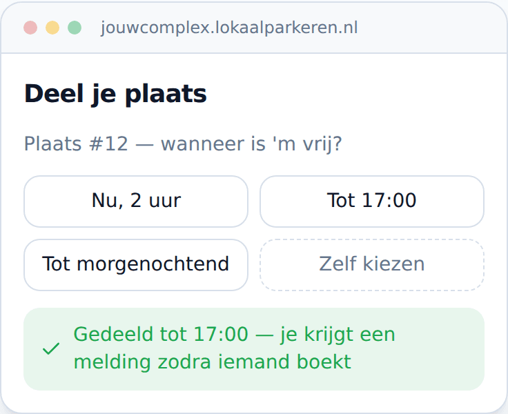 Schermafbeelding van het aanbiedscherm in de LokaalParkeren-app, waarmee een eigenaar met één tik aangeeft wanneer zijn parkeerplek vrij is.